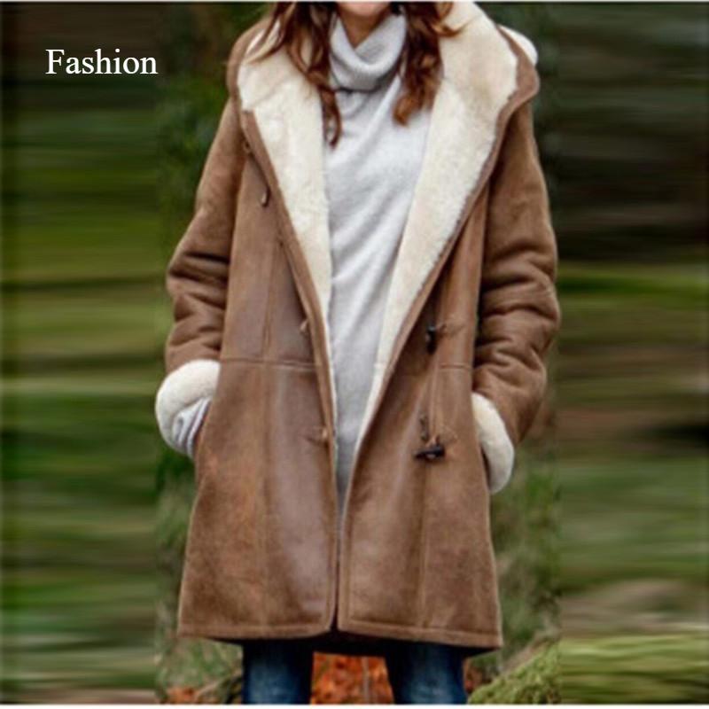 2025 Winter Simple Original Style Coat Solid Color Casual Button Cardigan Warm Medium Long Hooded Women's Coat