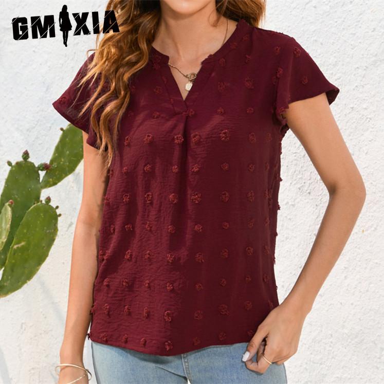 GMXIA Женские модные повседневные однотонные футболки и топы с короткими рукавами и v-образным вырезом с принтом