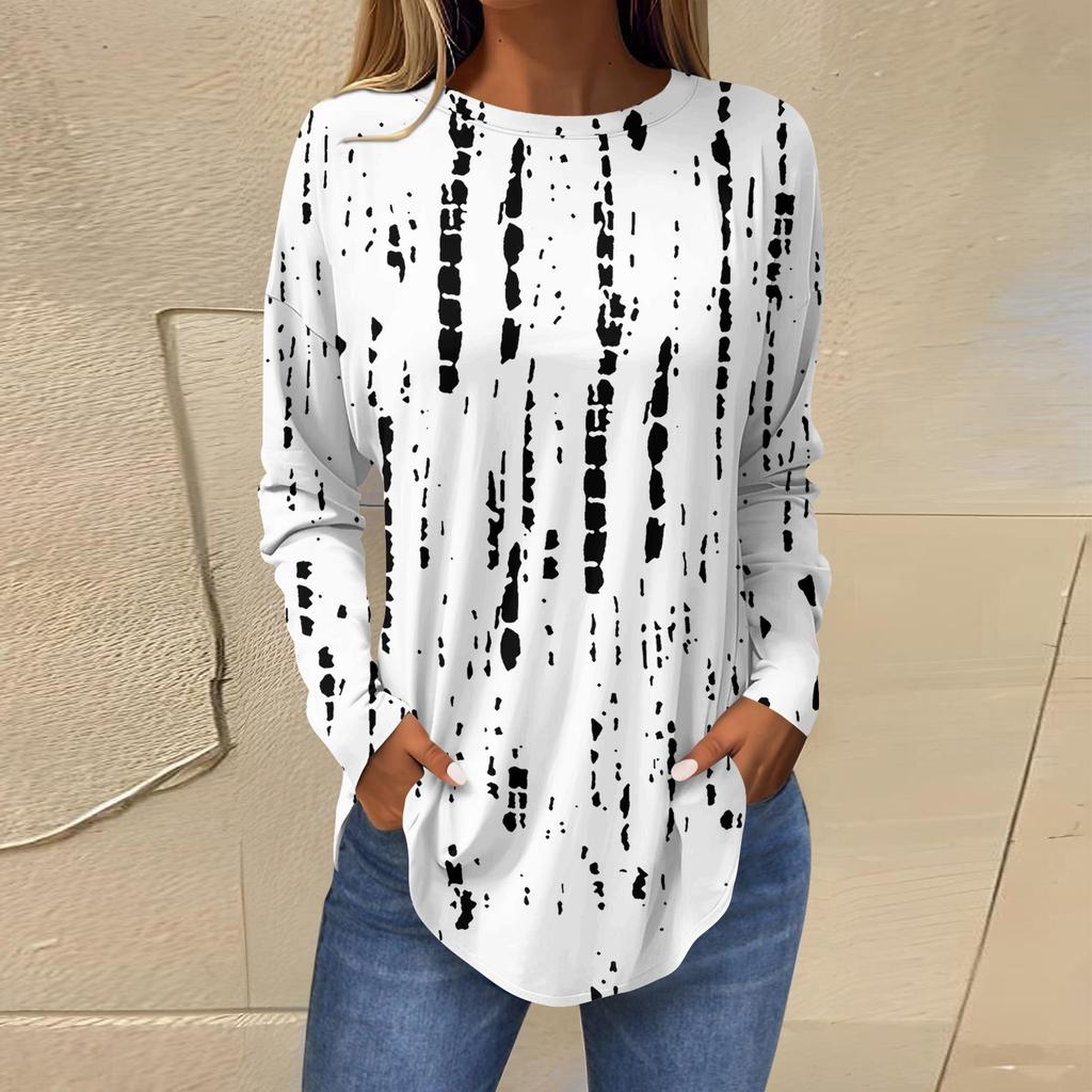 Женская свободная футболка с длинным рукавом с круглым вырезом и принтом, верхний пуловер