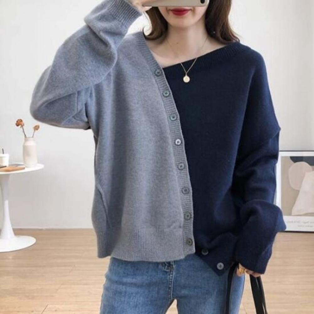 NaVaVa Unbalanced Color Block V Neck Long sleeVe Knit Cardigan Nk2860