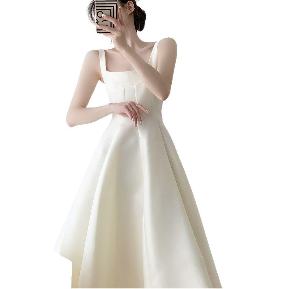 White retro suspender small dress certificate small white dress temperament thin evening dress party daily dress