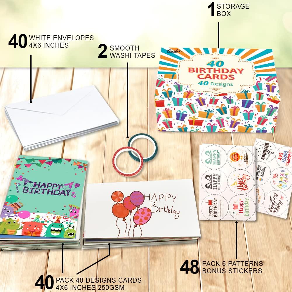 Feela Happy Birthday 40 Cute Patterned Cards with and Masking Perfect for Message Birthday Gift and Celebrations Cards, Envelopes, Stickers, Tape,