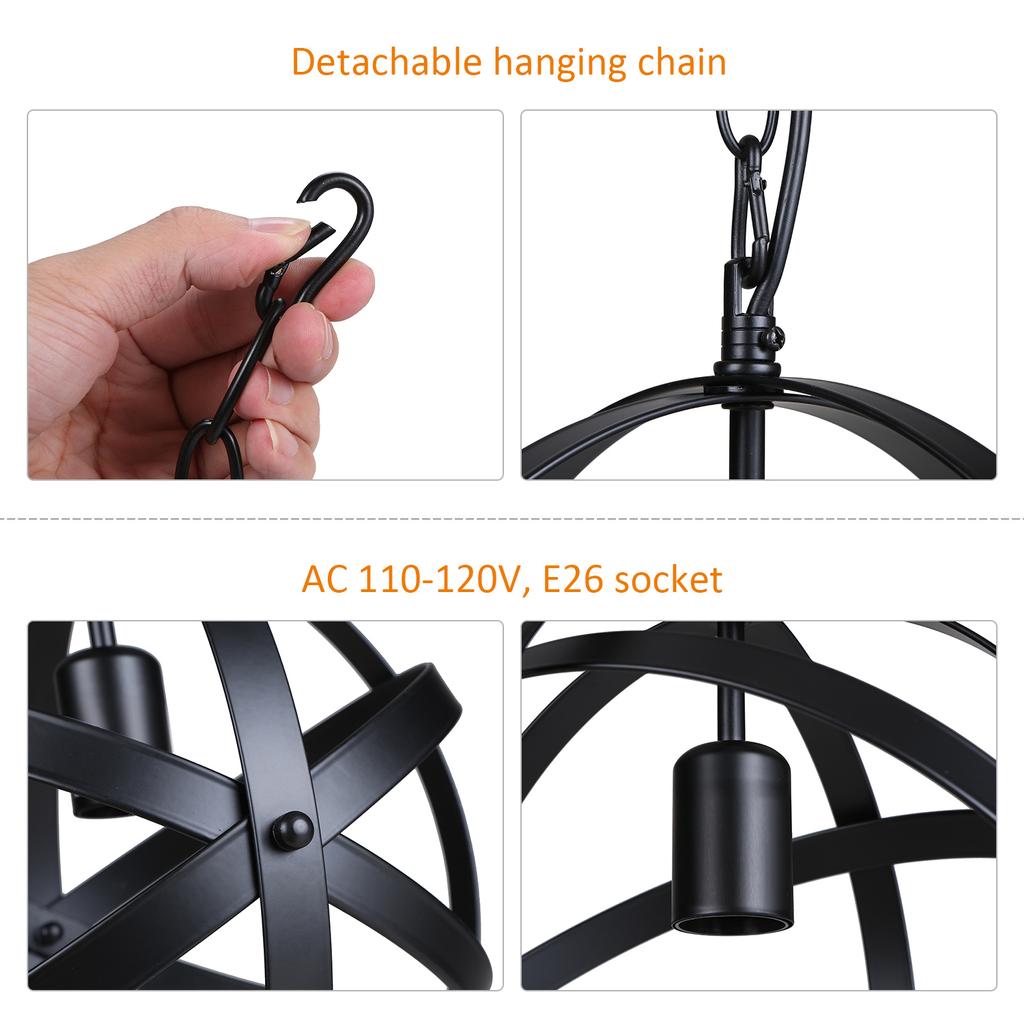 Industrial Plug-in Globe Pendant Light E26 Base Vintage Spherical Hanging Lights Lantern 14.76ft