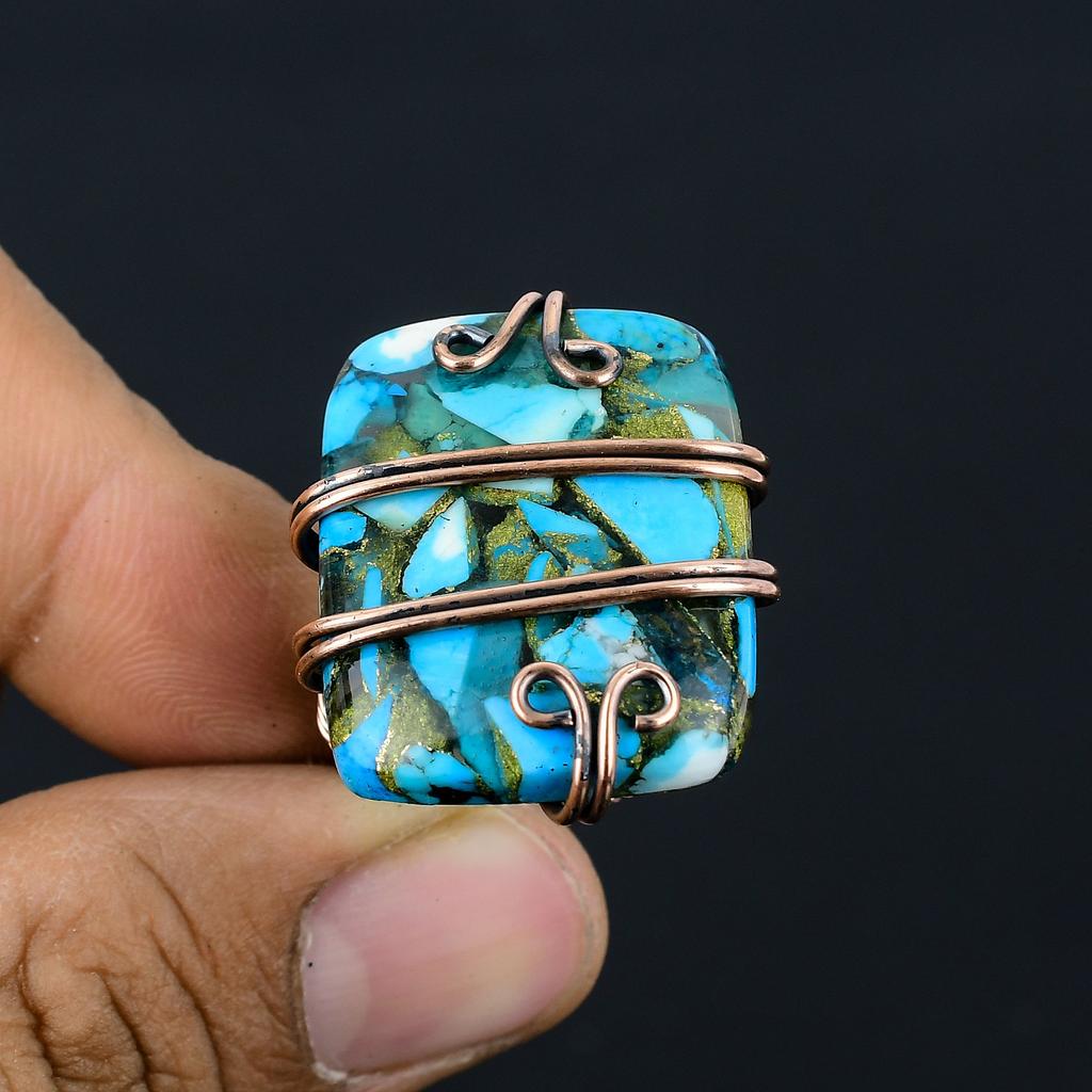 Copper Turquoise Handmade Copper Wire Wrap Jewelry Ring Size 6.5 H6k07