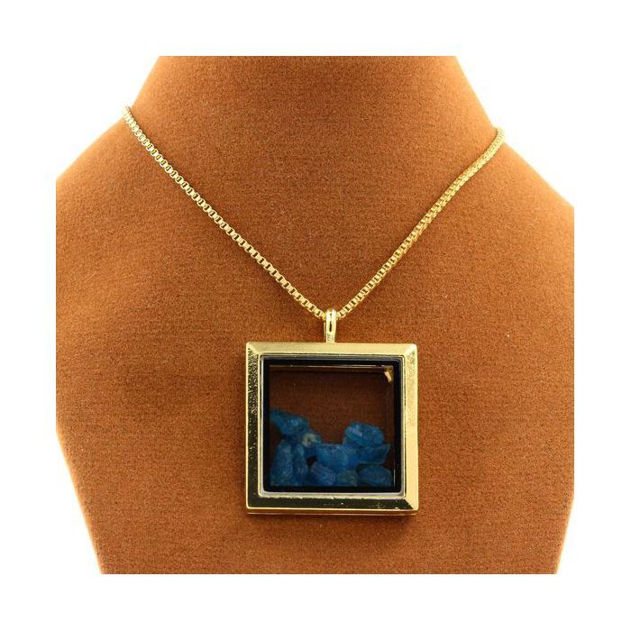 Stones and Minerals. Raw Neon Blue Apatite Necklace. Square Model. Gold Color.