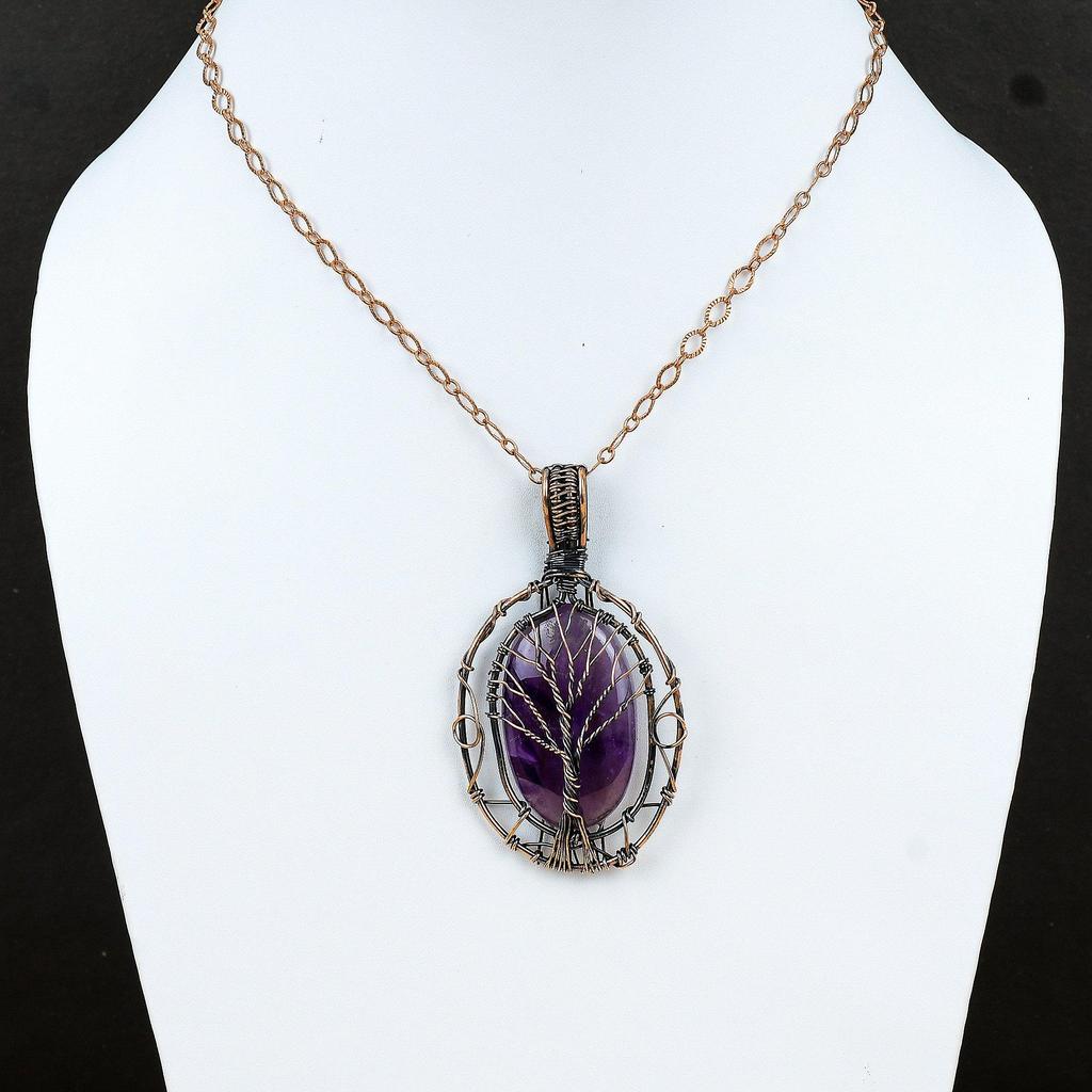 Кулон Древо Жизни Звезда Аметист Медь Медный Кулон с Драгоценным Камнем, Обмотанный Медной Проволокой Медные Дизайнерские Украшения Подарок для Нее Аметистовые Украшения из Проволоки