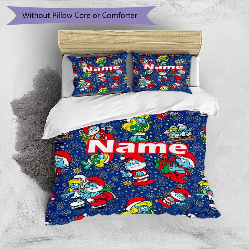 3pcs Duvet Cover Set (1*Duvet Cover + 2*Pillowcase, Without Core), Custom Name Blue Smurfs Pattern Bedding Set, Home Bedroom Decor Gift
