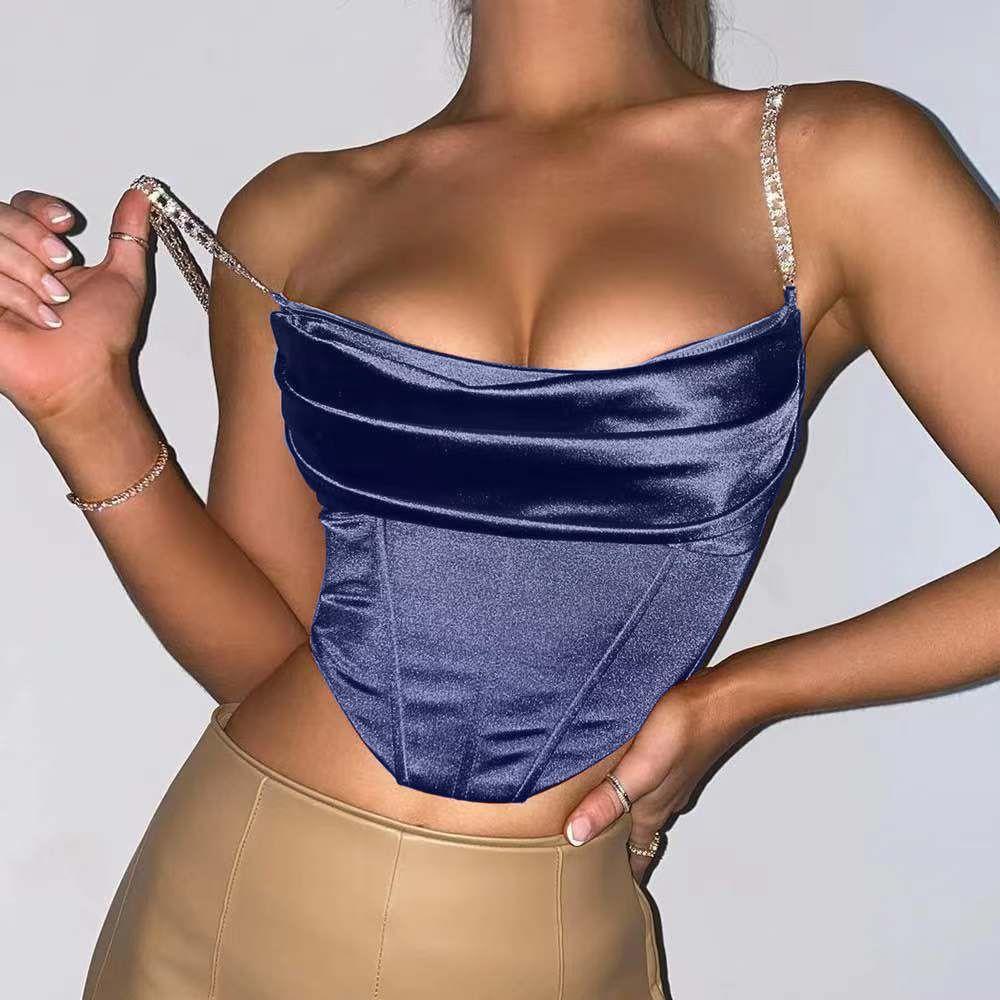 Sexy Women's Suspender Vest Rhinestone - Strapped Satin Crop Camisole: Chic & Sparkly, Multiple Colors Available