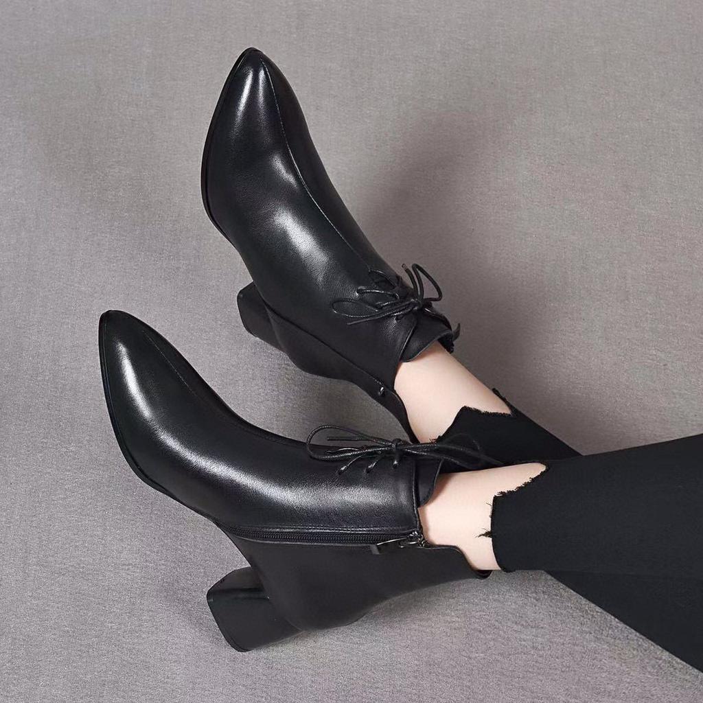 Pointed High-heeled Women's Boots Autumn and Winter New Lace-up Side Zipper First-layer Cowhide Fashion Boots Slim Women's Medium Boots