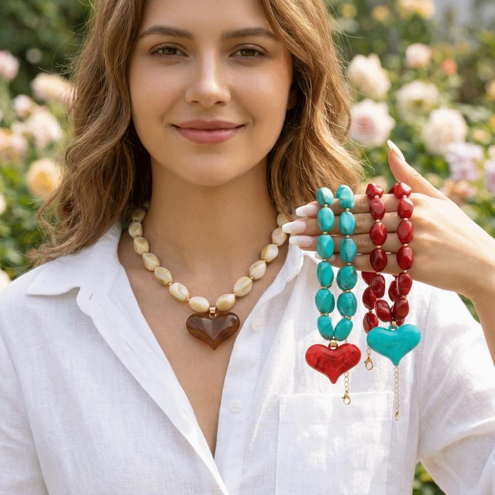 Colorful Heart Pendant Necklace Multi-Color Statement Jewelry Unique Bead Choker Vacation Wear