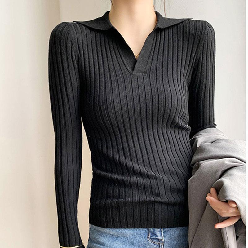Autumn/winter Knitted T-shirt Women's Pullover Knit Sweater V-neck Polo Shirt Top Knitted Undershirt Women's Stretch Skinny Sweater Undershirt
