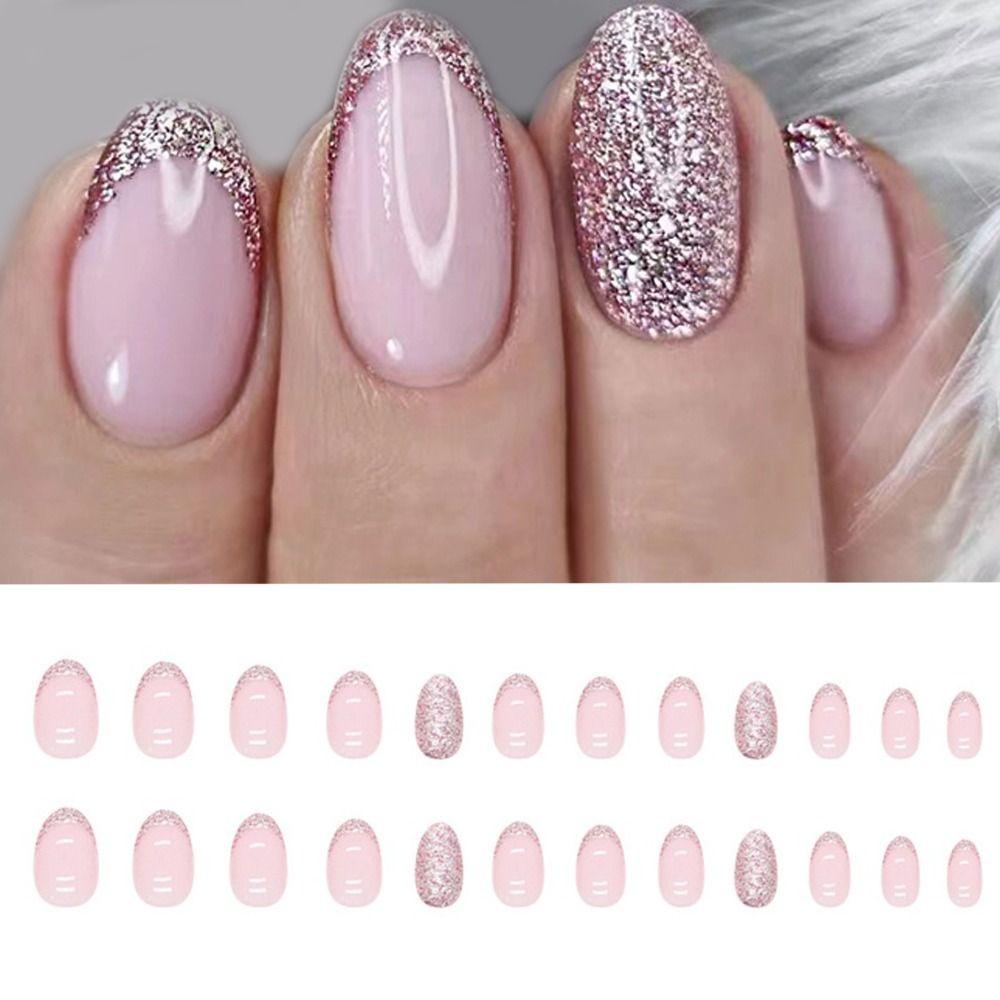24 шт. съемные блестящие DIY прессы для ногтей овальные накладные ногти длинные французские розовые