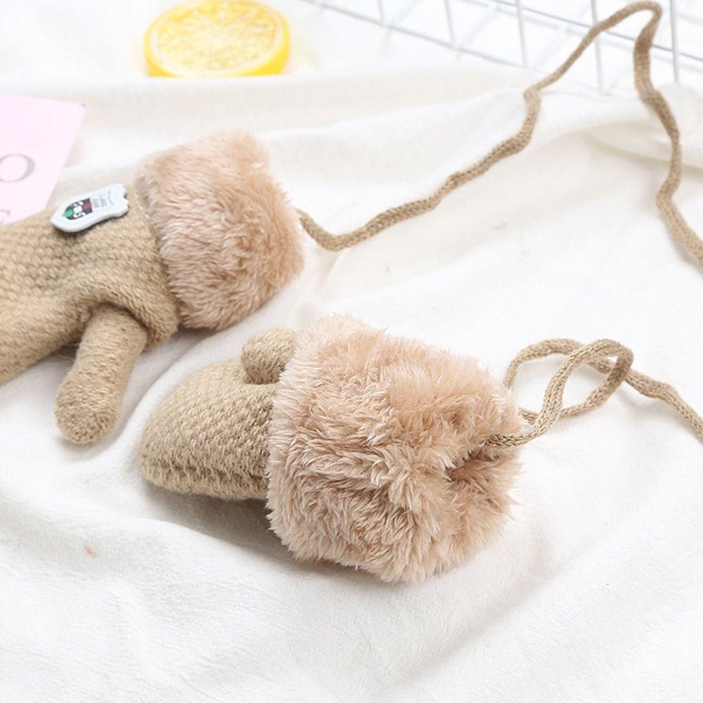 Children Plush Hanging Neck Cute Knitted Mittens Thick Warm Kids Gloves