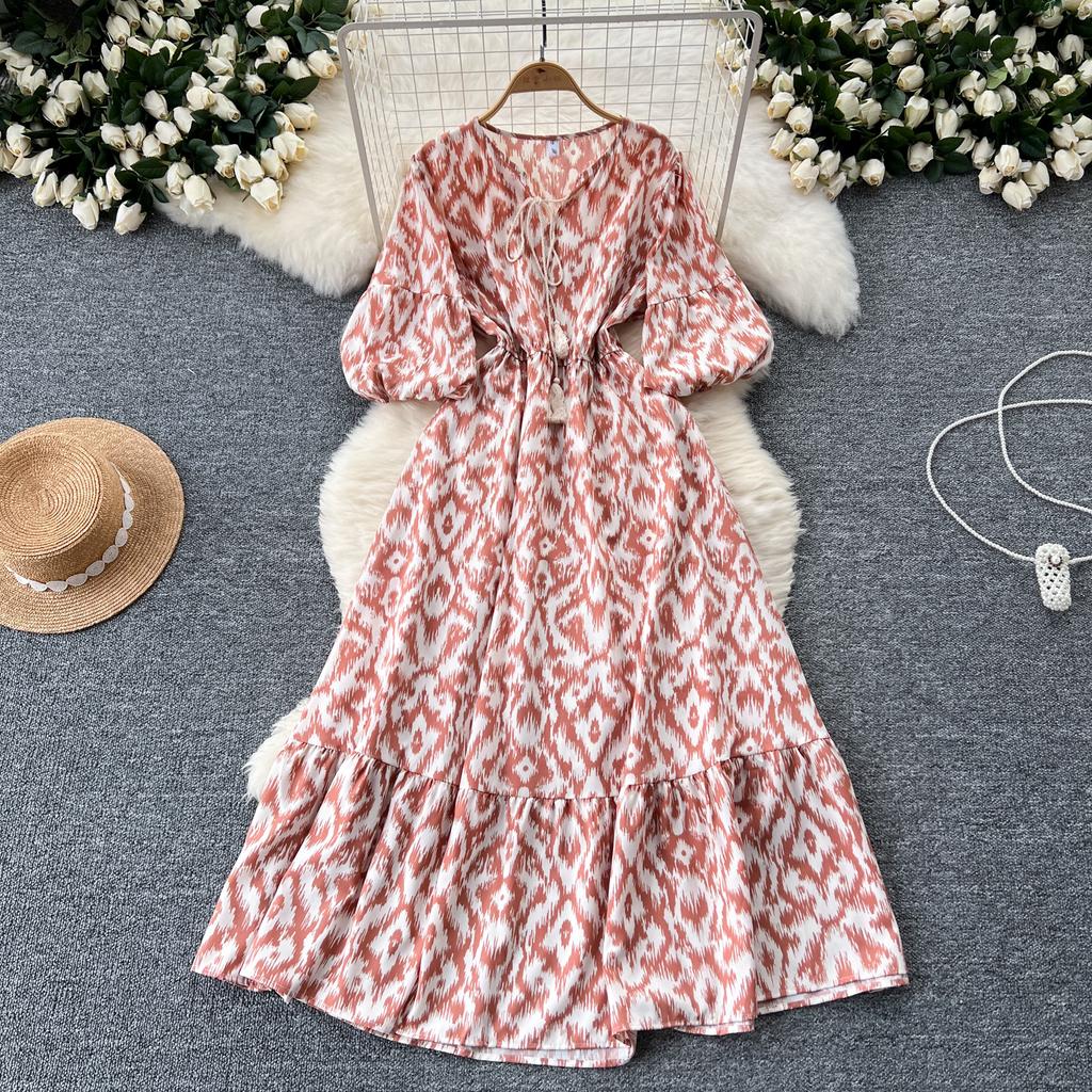 Elegant Vintage Floral Dress for Women Summer Lace Up Slim Waist Dresses Y2k Puff Sleeve Loose Dresses