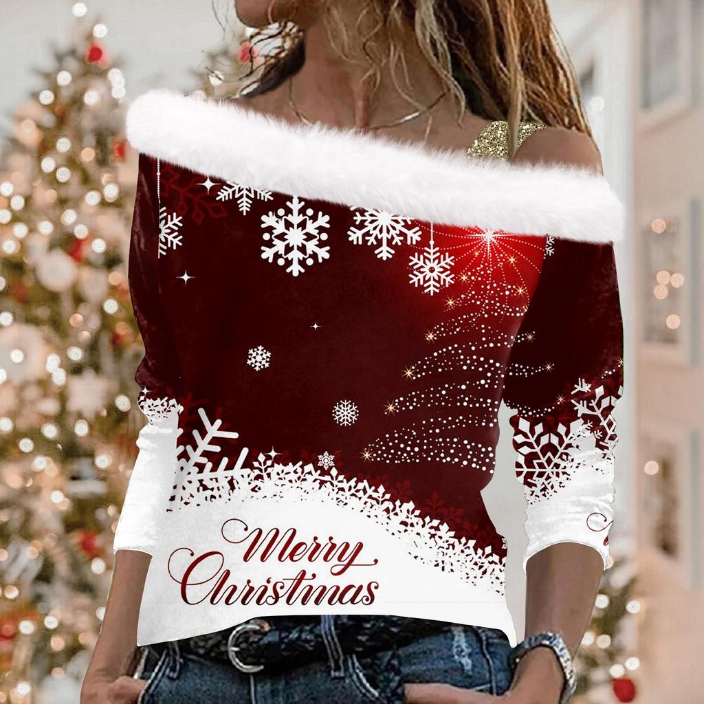 Women's Casual Long Sleeve Slouchy Christmas Printed Plush Fashion Top