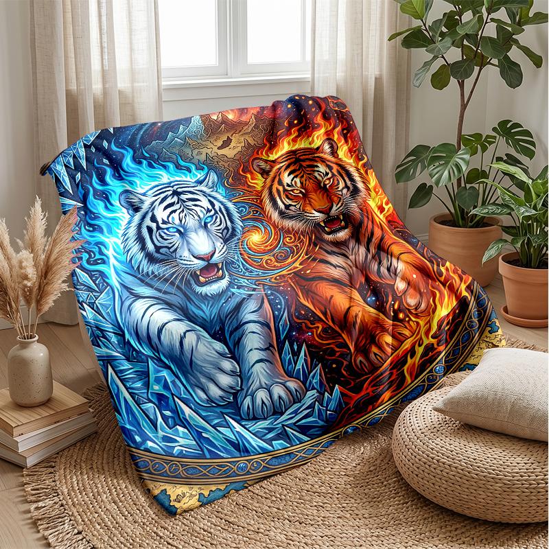 Tiger Fire and Ice Fantasy Theme blanket Lightweight Warm Flannel Blanket Decorative Throw Blanket for Home Decoration