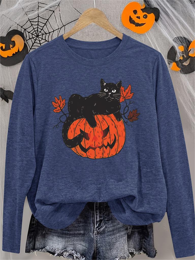 Women's Halloween Long Sleeve Crew Neck T-Shirt with Cute Black Cat on Orange Pumpkin and Autumn Maple Print, Soft Funny Spooky Gift for