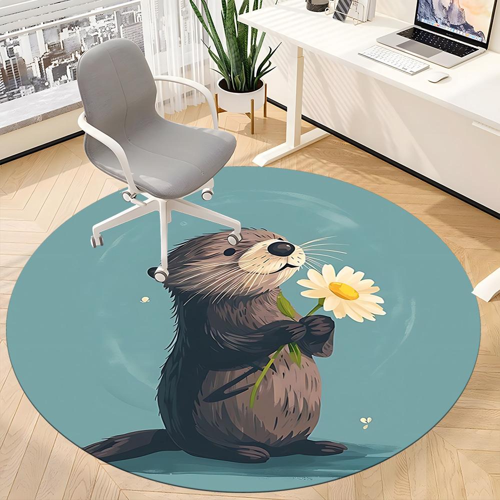 1pc Otter Daisy Office Round Area Rug, Indoor Mat Suitable For Office, Under Office Chairs Bedroom Living Room Home Decor, Room Deco, 080