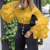 Fashion Elegant Stand Collar Simple Lace Blouse Women Office 2023 Layered Ruffled Flared Long Sleeve Shirt Loose Tops 30020