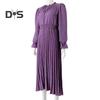 Women Fall Spring Dress Dot Print Pleated High Tight Waist Long Sleeve Shirring Collar Lace Up V Neck Mid Calf Length Lady Midi Dress