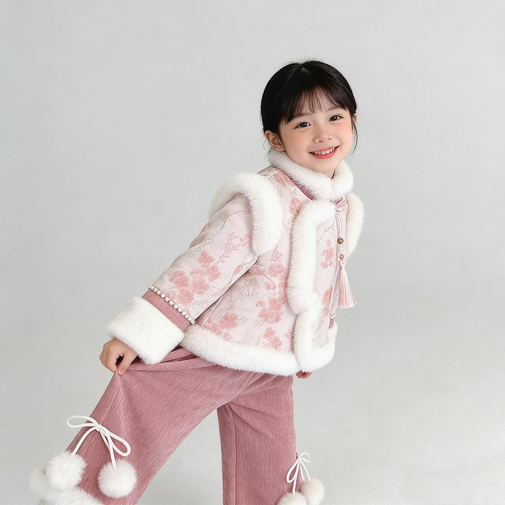 Зимний комплект из двух предметов в китайском стиле для девочек с отделкой из меха: Бархатный топ и брюки