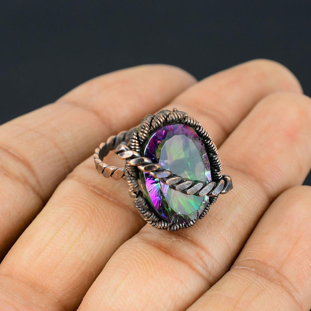 Mystic Topaz Gemstone Copper Wire Wrapped Handmade Jewelry Ring Gift For Woman