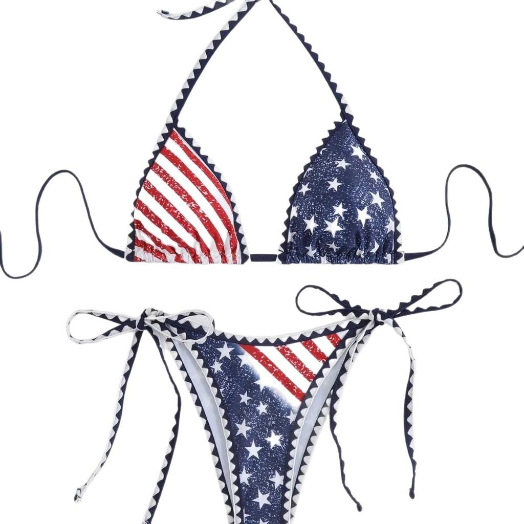 1011 European and American hot-selling American retro polished white stars and stripes wavy small lace neck strap sexy split swimsuit