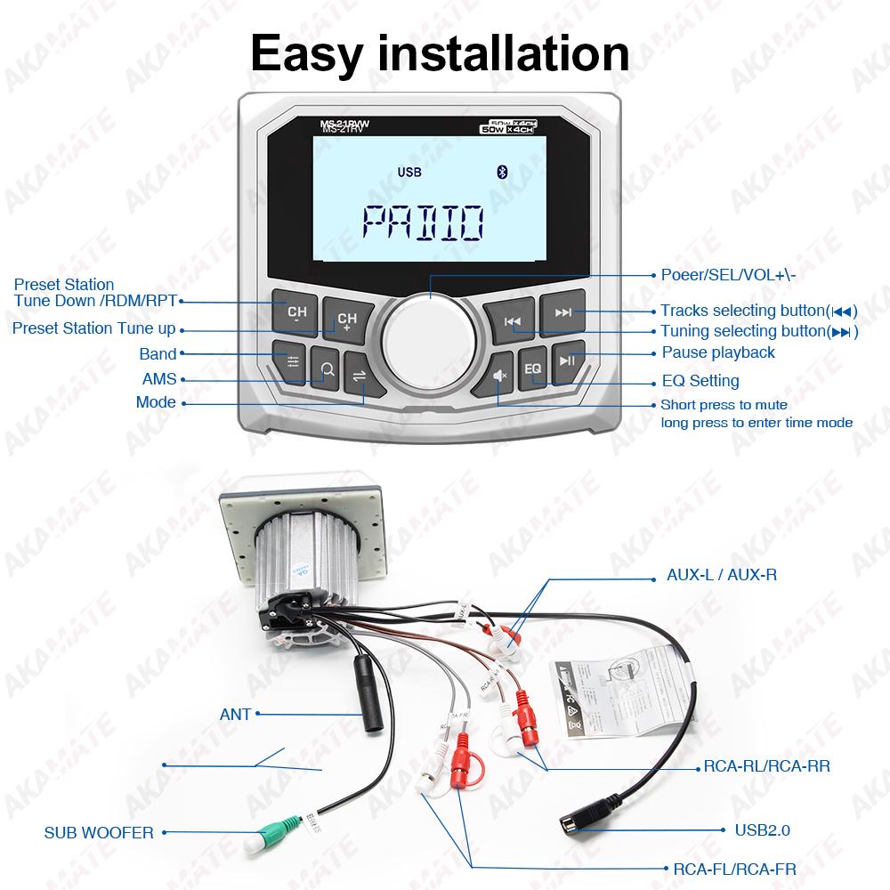 Boat Radio Media Player Stereo MP3 Waterproof Bluetooth Audio FM AM AUX Music Media Video Player for Harvesters ATV UTV SPA RZR