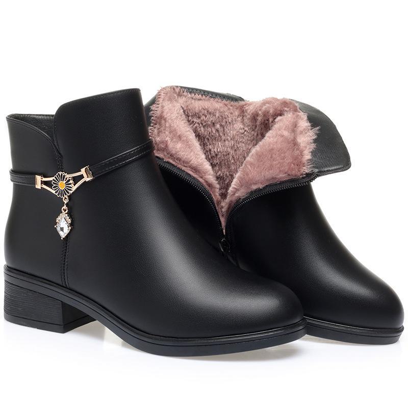 «Женские нескользящие кожаные ботинки на среднем каблуке — осенне-зимняя коллекция с бархатной подкладкой для людей среднего и пожилого возраста»