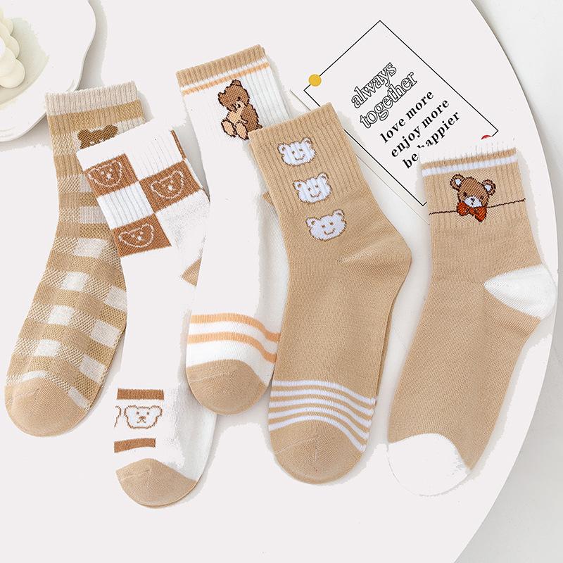 5Pairs Women Cotton Socks Cute Print Princess Two-dimensional Fashion Socks Striped Plaid Ladies Spring Summer Socks