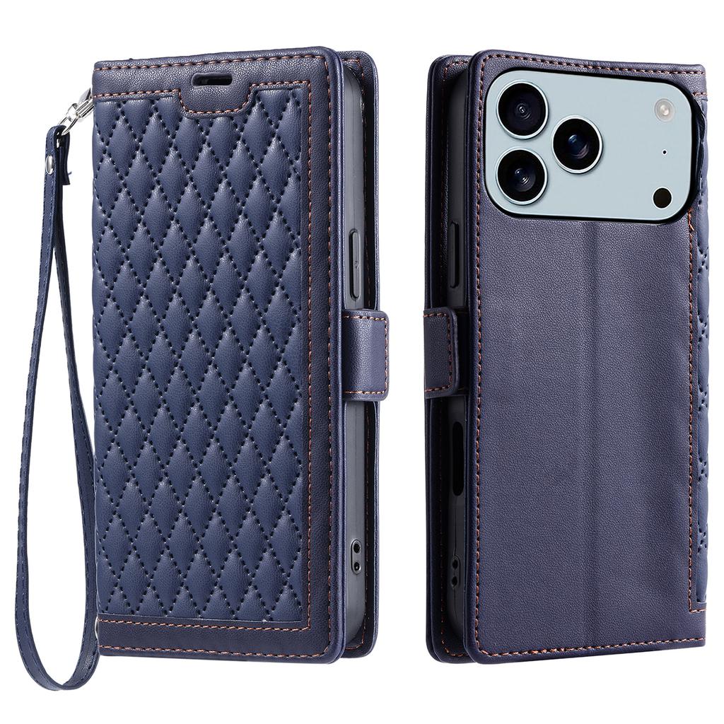 For iPhone 17 Pro Max Leather Case Rhombus Texture Wallet Stand Phone Cover with Wrist Strap