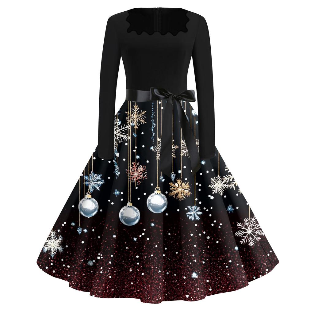 Women's Fashion Casual Square Neck Slim Christmas Printed Long Sleeve Dresses