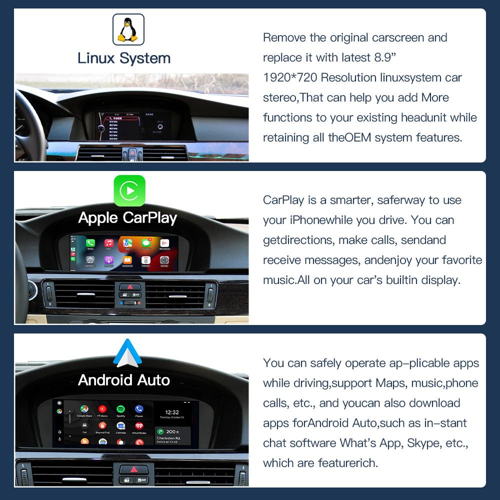 8,9-дюймовый беспроводной Linux CarPlay Android автомобильный мультимедийный экран для BMW 3 5 серии CCC, CIC E60/E63/E64/E90/E91/E92/E93 2005-2012
