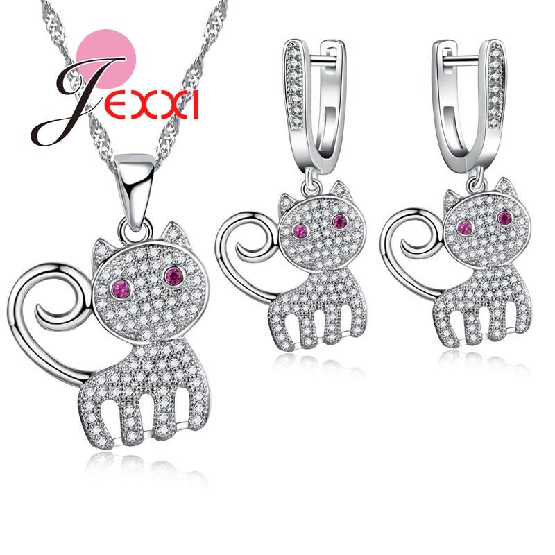 Top Quality Cute Cat Crystal 925 Sterling Silver Color Jewelry Set For Female Women Necklaces Earrings Bridal Jewellery Sets