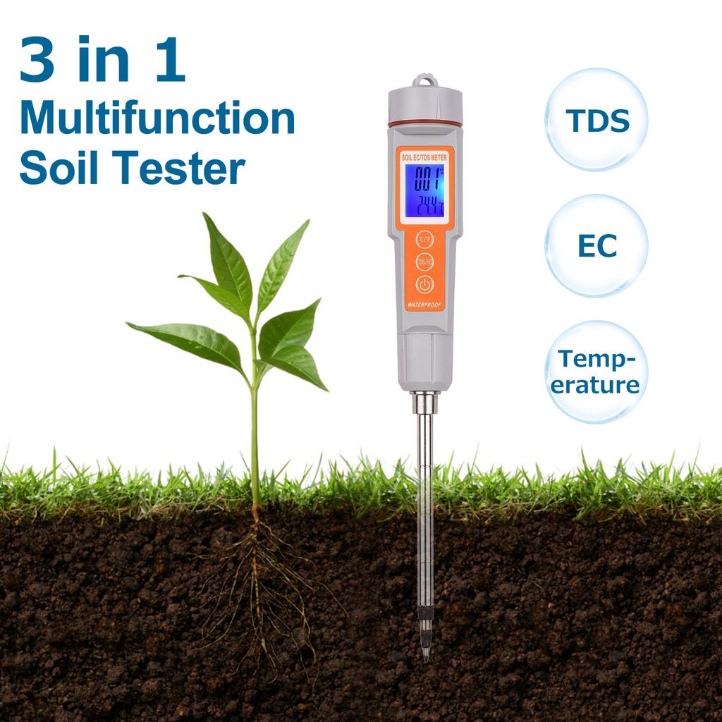 Тестер почвы 3 в 1 Многофункциональный ECCelsius Цельсия Температура Цифровой Измеритель Зонда для Тестирования Почвы с Подсветкой Экрана Портативный Тестер Солености Почвы для