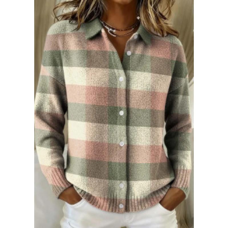 Womens Oversized Plaid Knit Cardigan With Collar Long Sleeve Casual Sweater 2026 Fall Winter