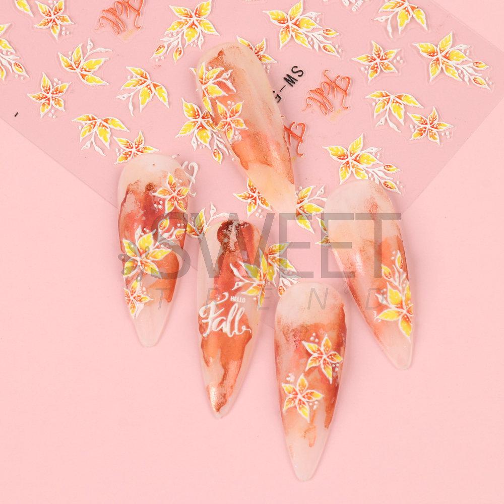 5D тисненные наклейки для ногтей, наклейки с кленовыми листьями, ромашки, тюльпаны, бабочки, осенние украшения для ногтей