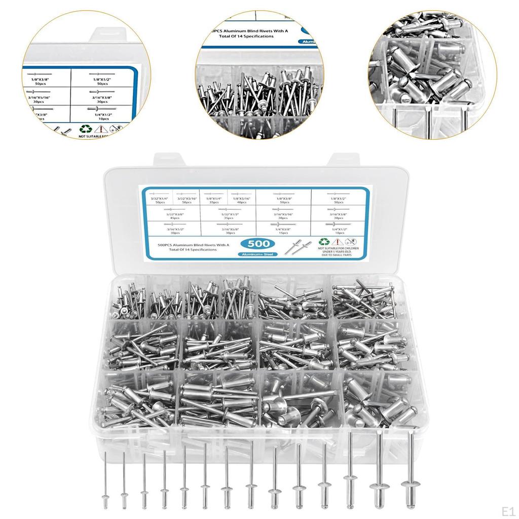 500Pcs Blind Rivets 3/32" 1/8" 5/32" 3/16" 1/4" SAE Open End Assorted Rivet Set for