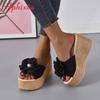 Fashion Aphixta Summer 9cm Wedge Heels Slippers Women Big Pearl Bead Flowers Cow Suede Bow Mulers 4cm Platform Sandals Clog Shoes Slides