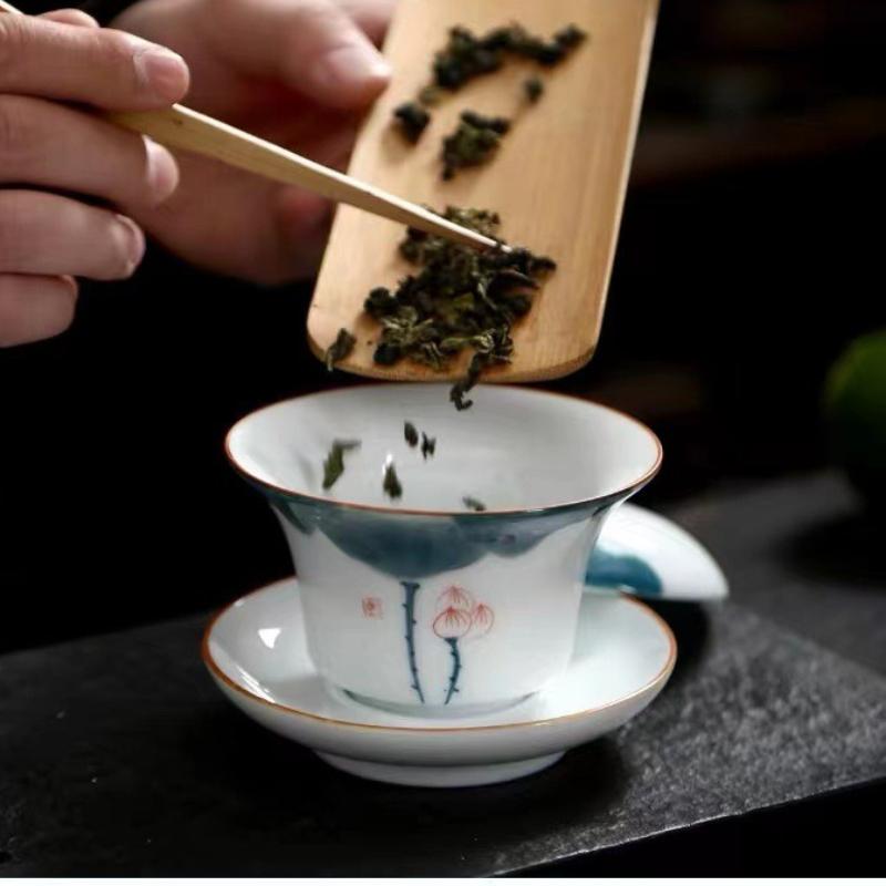 Расписанный вручную Чайник Гайвань из жирного белого фарфора Нефрит Домашний керамический заварочный чайник Традиционный с крышкой Чашка для чая