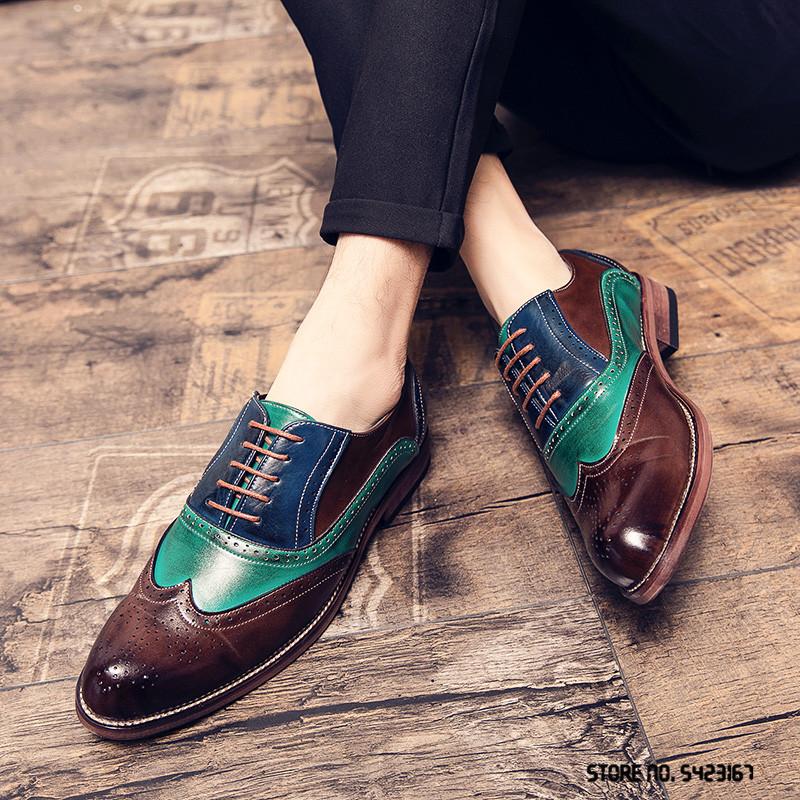British Designer Colorful Mix Pointed Brogue Leather Shoes Flat For Men 2025 Dress Formal Wedding Prom Oxford Zapatos Hombre