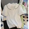 Sweet Peter Pan Collar White Knitted Blouse Women Casual Short Sleeve Shirts for Women Summer Hollow Out Office Lady Tees Tops 24119