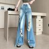 Plus Size Vintage Hole High Waist Casual Loose Long Women Spring Summer Jeans Denim Wide Leg Pants