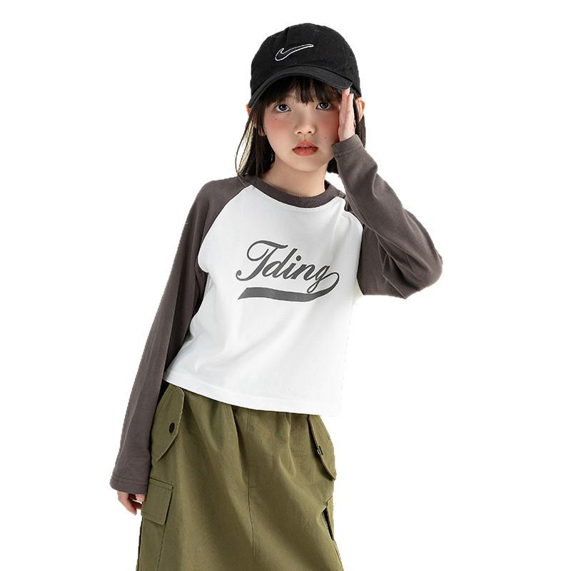 Tao Town Girls' Autumn 2025 Color Block Letter Long-Sleeve T-Shirt