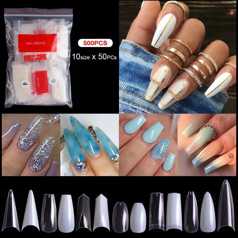 500pcs/bag Coffin False Nail Tips Clear Ballerina Stiletto Rounded Square Acrylic Fake Nails Extension System UV Gel Manicure