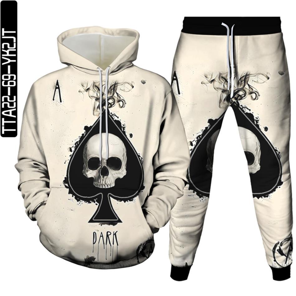Мужская уличная модная одежда с покерным рисунком и 3D принтом, спортивный костюм Homme, комплект из 2 предметов, толстовки, спортивные штаны большого размера, S-6XL