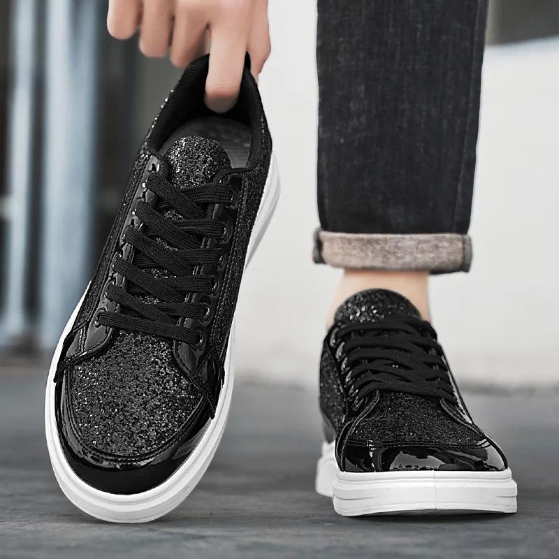 Gold Men's Sneakers 2025 New Luxury Fashion Skateborad Shoes Glitter Casual Shoes Men Platform Vulcanize Shoes Big Size Tenis