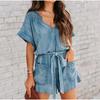 Женский винтажный джинсовый комбинезон, летний джинсовый комбинезон с рюшами и V-образным вырезом, широкими штанинами и поясом, с карманами