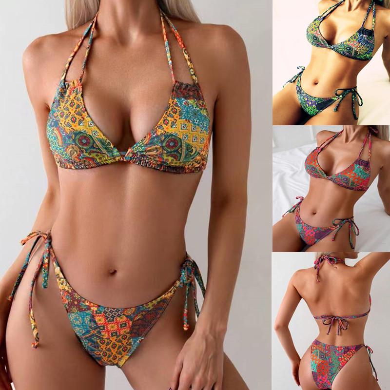 2025 European & American Women's Print Sexy Backless Double Tie Bikini Swimsuit