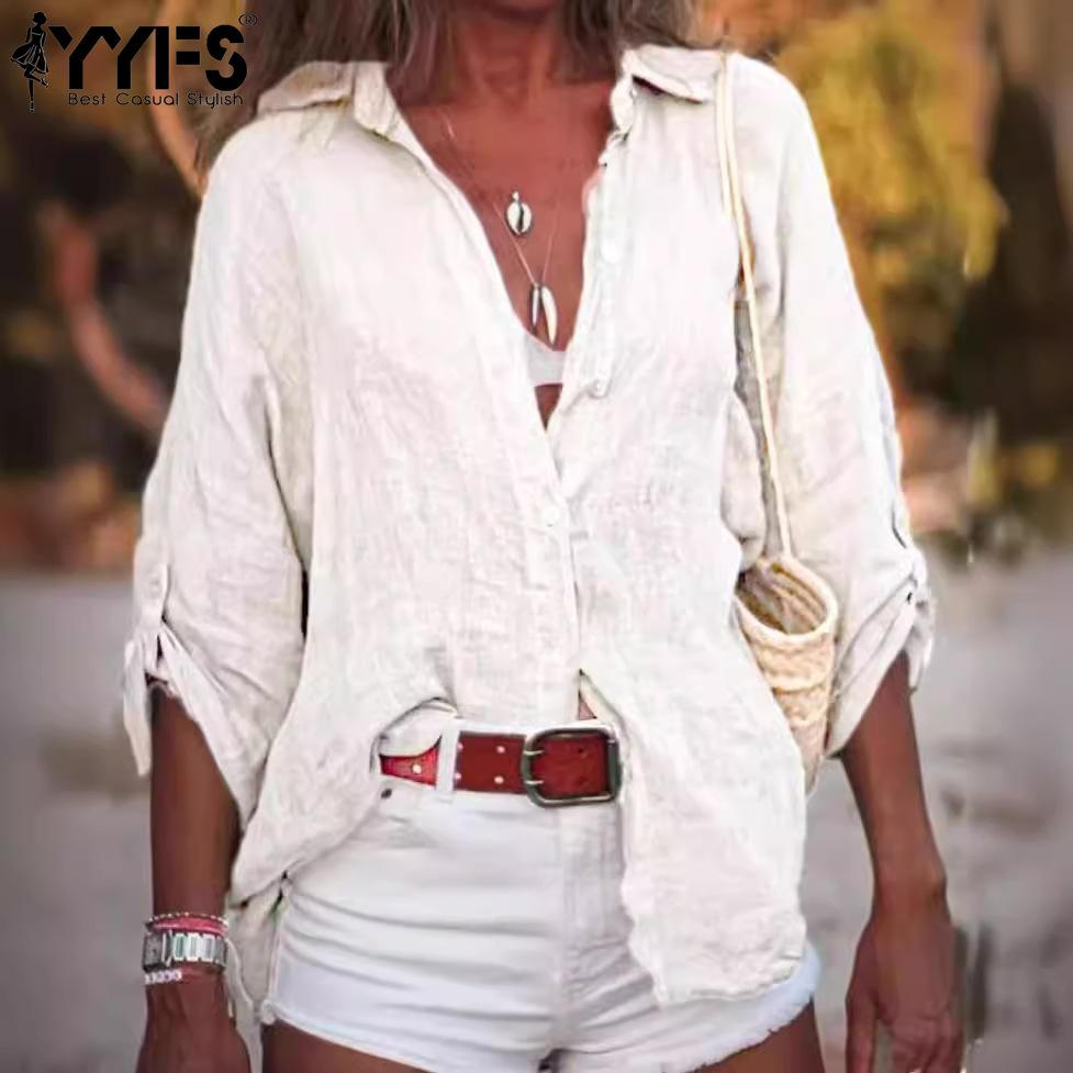 YYFS Women's Fashion Casual Summer Spring Solid Color Print 3/4 Sleeves POLO Neck Blouses & Shirts